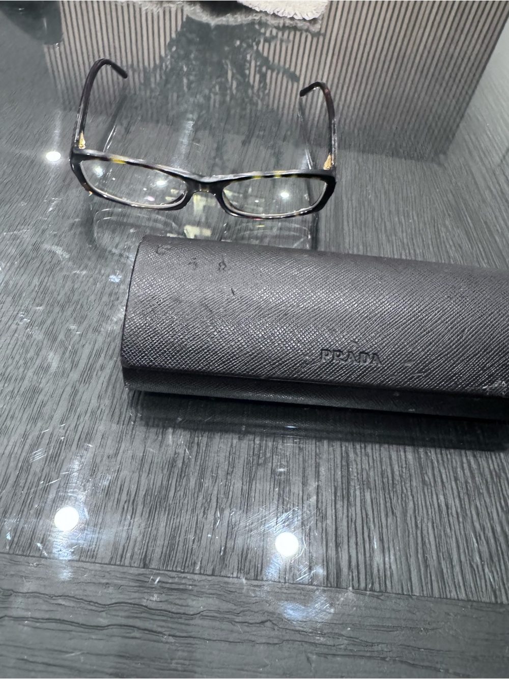 Prada Brown Tortoiseshell Rectangular Women's Glasses with Gold Accents - Picture 6 of 11